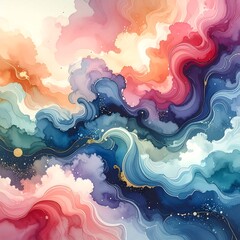 Abstract watercolor waves of blue, pink, orange, and purple create a swirling, fluid, dreamlike texture