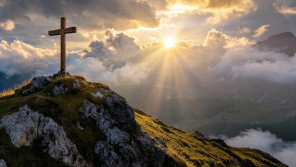 Sunrise illuminates a wooden cross atop a rocky mountain peak, with golden light piercing clouds, symbolizing faith, hope, and natural serenity.