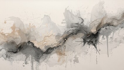Abstract expressionist ink painting featuring dramatic dark gray and sepia horizontal sweeps with intricate splatter textures creating a sense of dynamic movement across the canvas space.