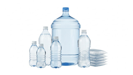 Mineral water packaged in bottles and gallon.