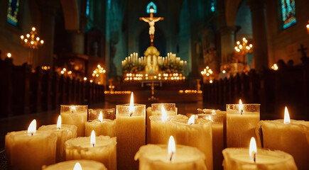 Numerous lit candles in a candlelit church interior, with a crucifix and ornate architecture in the background, creating a serene, spiritual atmosphere for prayer and worship.