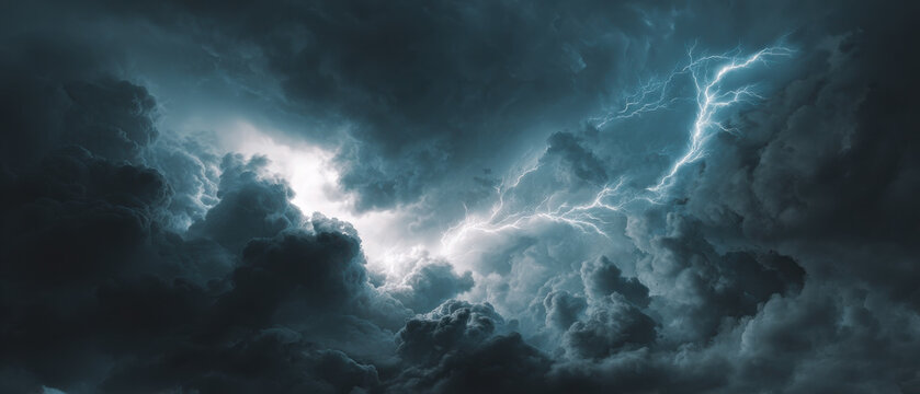 Dramatic Stormy Cloudy Sky with Intense Blue Lightning Bolts Illuminating Dark Clouds