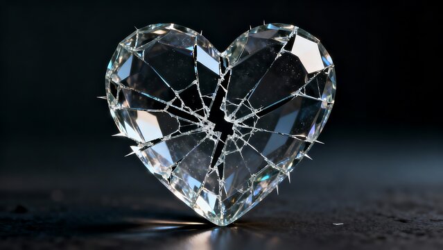 A beautifully shattered crystal heart reflecting light against a dark, dramatic background