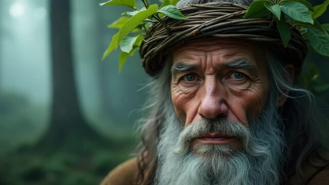 Portrait of an ancient, wise man with a long grey beard and a leaf crown. A fantasy druid character in a misty forest. Cinemagraph animation with copy space