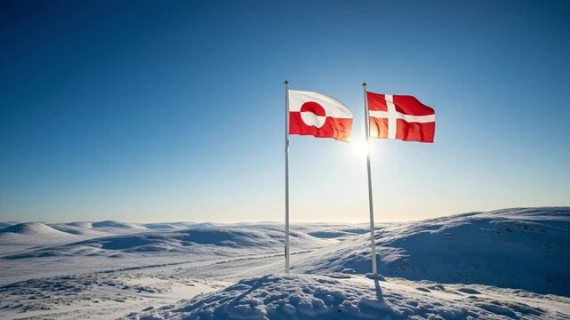 Flags of Greenland and Denmark Flying Together in Snowy Arctic Landscape