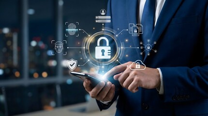 Cybersecurity technology with a businessman using a smartphone,illustrating data protection,fingerprint access and cloud security concept