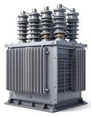 Fototapeta premium Gray electrical transformer with a vertically ribbed body and several cylindrical insulators atop, isolated on white