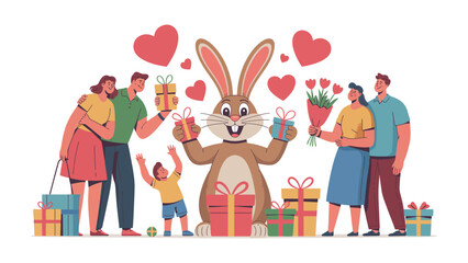 Obraz premium Easter Family Festivity: A heartwarming illustration of a family celebrating Easter with a joyful bunny amidst gifts and flowers. It is the perfect illustration for springtime, family gatherings.