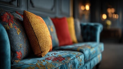 Elegant teal sofa with patterned pillows