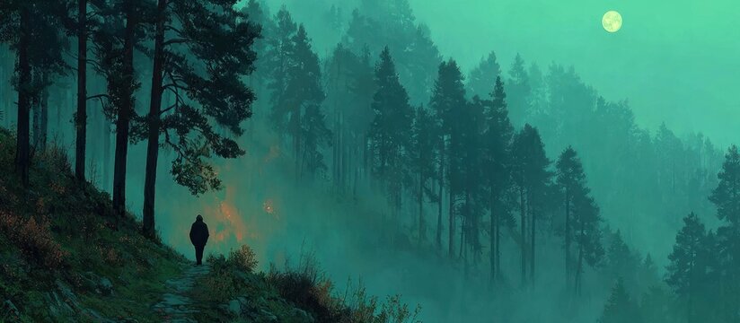 Misty forest path at night