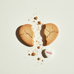Valenstine day Broken heart shaped cookie with mine candy on beige background