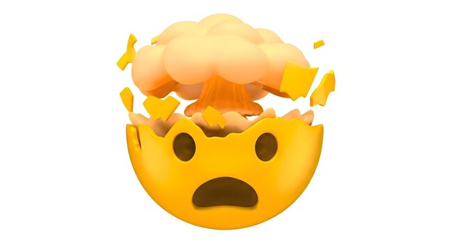 Exploding head emoji with mushroom cloud,shocked face expression,surprise reaction,conceptual 3D render of overwhelmed feeling,emotional overload and mind blown metaphor