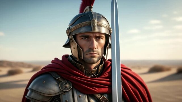 A cinematic portrait of a Roman soldier in full armor. A centurion with a helmet and red cape holds a sword in the desert. Ancient history and military power concept