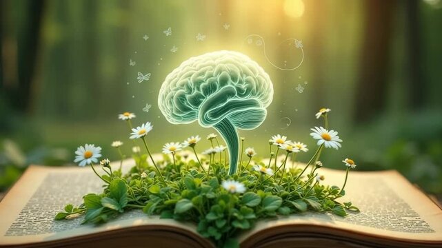 A glowing brain grows from an open book surrounded by flowers in a forest. Conceptual animation of a mind blooming with knowledge from reading. Mental health, learning, and personal growth concept
