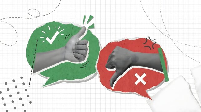 Thumbs up and thumbs down icons,approval and rejection symbol,feedback expression,green and red message bubbles,opinion rating,like and dislike flat design concept