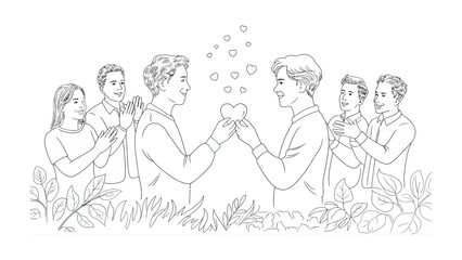Handing heart: Two individual, surrounded by individuals showing a sign of sharing love and appreciation. Capturing unity, affection and compassion.