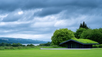 Obraz premium Modern architectural structure with a green roof, surrounded by lush greenery and a serene landscape, under a dramatic cloudy sky, showcasing sustainable design principles