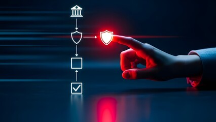 Digital security concept hand interacting with glowing shield icon in abstract flowchart