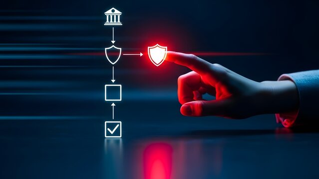Digital security concept hand interacting with glowing shield icon in abstract flowchart - Powered by Adobe