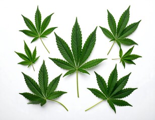 Array of green cannabis leaves, diverse sizes, spread on a clean, bright white surface, creating a natural pattern