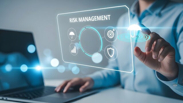 Business person interacting with digital interface for risk management strategy and protection - Powered by Adobe