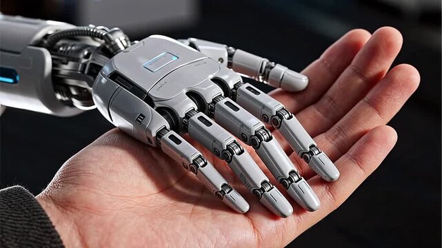 Human hand holding robotic hand