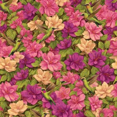 Obraz premium Seamless Pattern of Colorful Hummingbirds and Flowers in Vibrant Pinks and Greens for Childrens Designs
