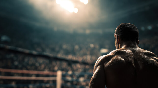 A muscular boxer stands with his back to the camera, sweat glistening on his shoulders and neck, facing a blurred crowd in a dimly lit boxing arena. - Powered by Adobe