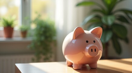 Pink piggy bank sitting on a table