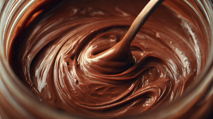 Top-Down Close-Up Shot of Spoon Stirring Thick Chocolate Cream with Glossy Rich Swirls and Warm Tones