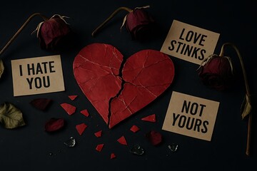 Shattered heart and hateful messages symbolizing the painful end of a bitter relationship