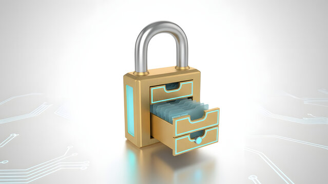 A golden padlock shaped like a filing cabinet with an open drawer containing blue documents, symbolizing data security.