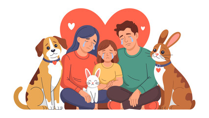 Heartfelt Grief: A family and their pets mourn a loss, a poignant portrayal of shared sorrow and love. Tears flow, reflecting the depth of their emotions and the bond they share.