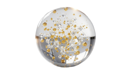 Cosmetic product concept. Molecular structure with embedded gold particles inside a transparent sphere, 3d rendering