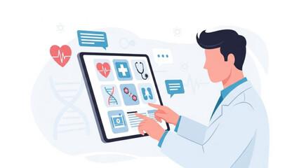 Medical professional interacting with digital healthcare interface on tablet device with various health icons with doctor and lab coat and telemedicine