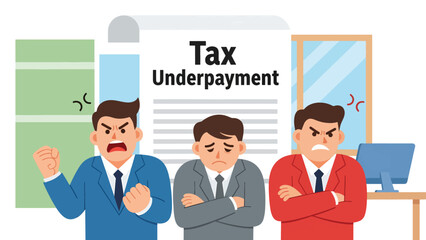 Flat vector illustration of worried business professionals facing tax underpayment notice in office, symbolizing financial stress, compliance issues, accounting problems, and corporate tax management
