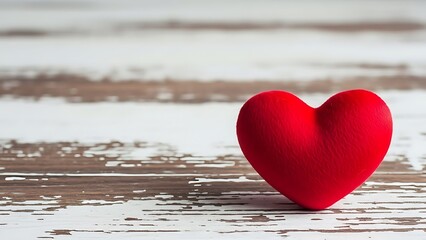 Fototapeta premium A bright red heart shaped object sits on a weathered wooden surface for valentine's day