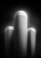 Three towering skyscrapers with rounded tops dominate the skyline, reflecting bold architectural design. The scene is illuminated by a moody backdrop, creating a striking contrast