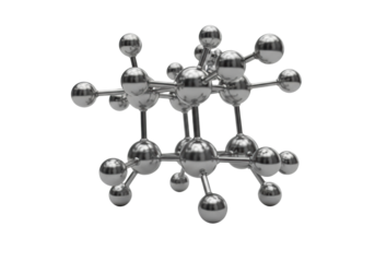 Hyper-detailed silver metallic ball-and-stick molecular structure, dramatic rim lighting on transparent background, low-angle close-up, concept of advanced chemistry and biotechnology