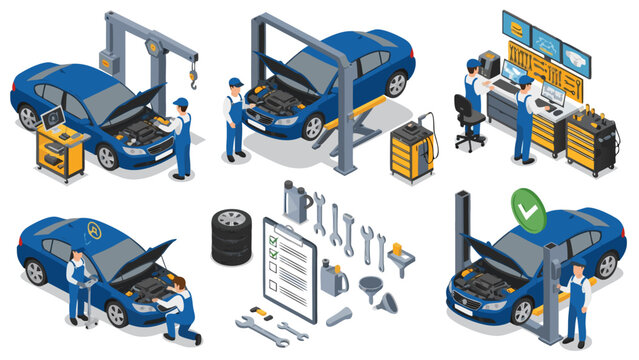 Isometric Vector Illustration Set of a Car Workshop Featuring Mechanics Working on Vehicles and Equipment