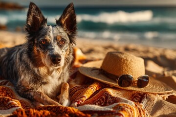 A Relaxing Day at the Beach: A Dog Enjoys the Sun with a Stylish Hat and Sunglasses on a Cozy Blanket