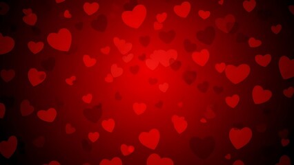 Valentines day background with red hearts shining on dark with love