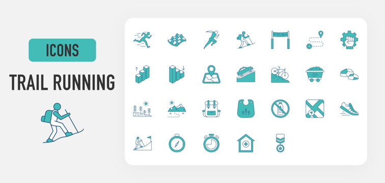Trail Running icon vector. Marathon, Terrain, Running, Trailhead, Finish Line, Navigation, Endurance, Ascend, Descend, Track, Uphill, Downhill Bicycle, Mud, Rock, Nature, Adventure illustration. 