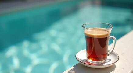Cup of tea on a saucer next to a pool