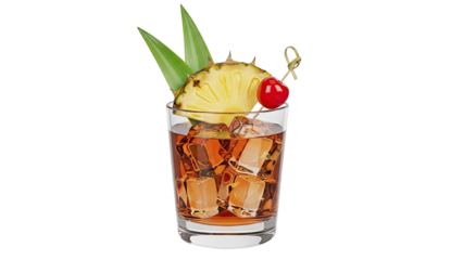 Cocktail with Pineapple, Cherry, and Ice