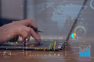 Business analytics dashboard on computer laptop with growth charts, financial performance metrics, data visualization and digital strategy concept and ai technology