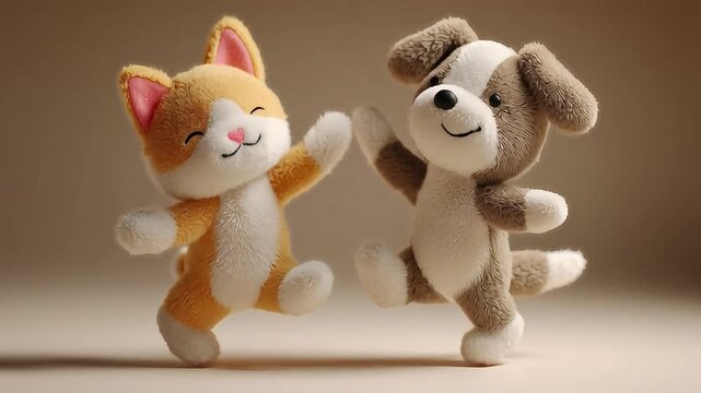 3D cartoon cat doll is playing running with 3D cartoon dog doll, very cute, 4K video.