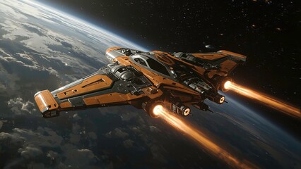 Spaceship orbiting earth in galaxy with glowing engines travels through space, advanced technology and sleek design.