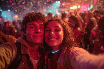 Capturing Joy: A Lively Moment of Celebration Amidst Colorful Confetti and Vibrant Lights at a Festive Gathering