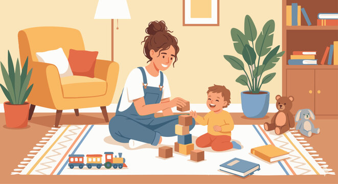 Babysitter Playing with Child
A flat vector illustration of a babysitter sitting on the floor playing with a young child using toys and blocks. Warm home interior with soft colors.